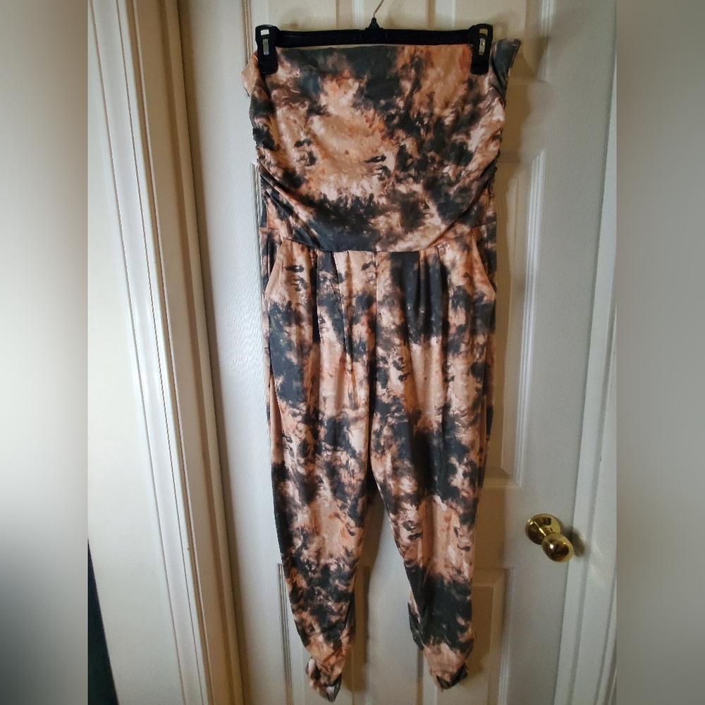 Full Circle Trends Womens XL Peach/Gray Tie Dye Strapless Jumpsuit Stretch Knit